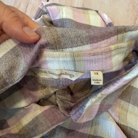 Soft Surroundings Carreaux Shirt Womens Sz 1X Multi Plaid Cotton Top Back Tie - Picture 7 of 7